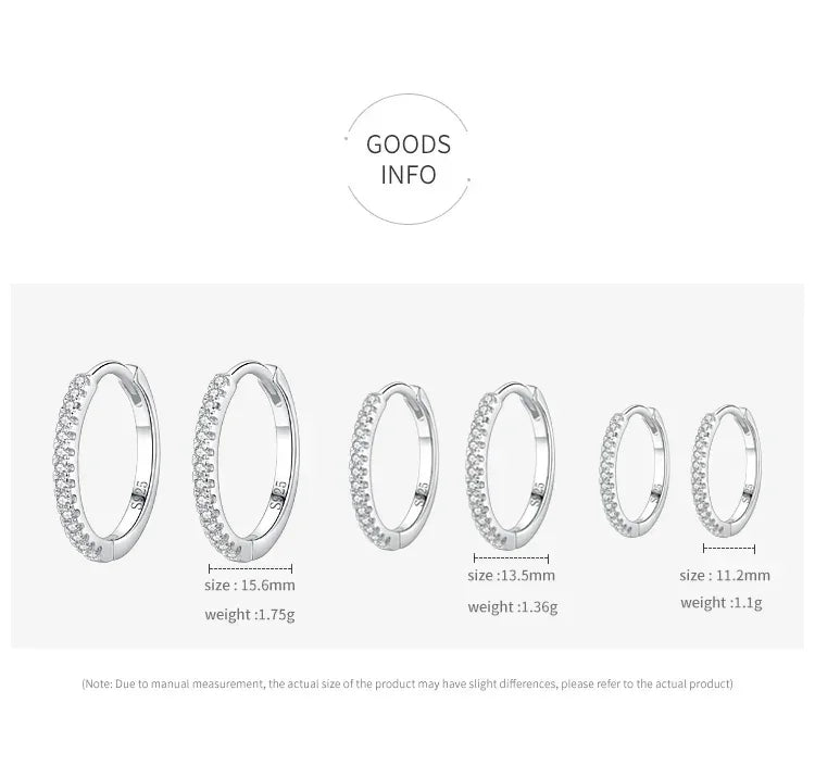 Three sizes of silver hoop earrings with pavé crystals, shown with dimensions and weights.