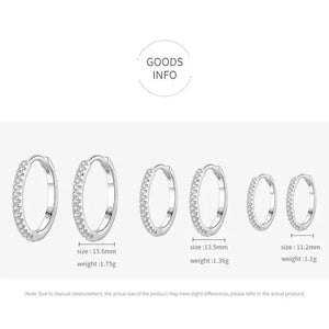 Three sizes of silver hoop earrings with pavé crystals, shown with dimensions and weights.