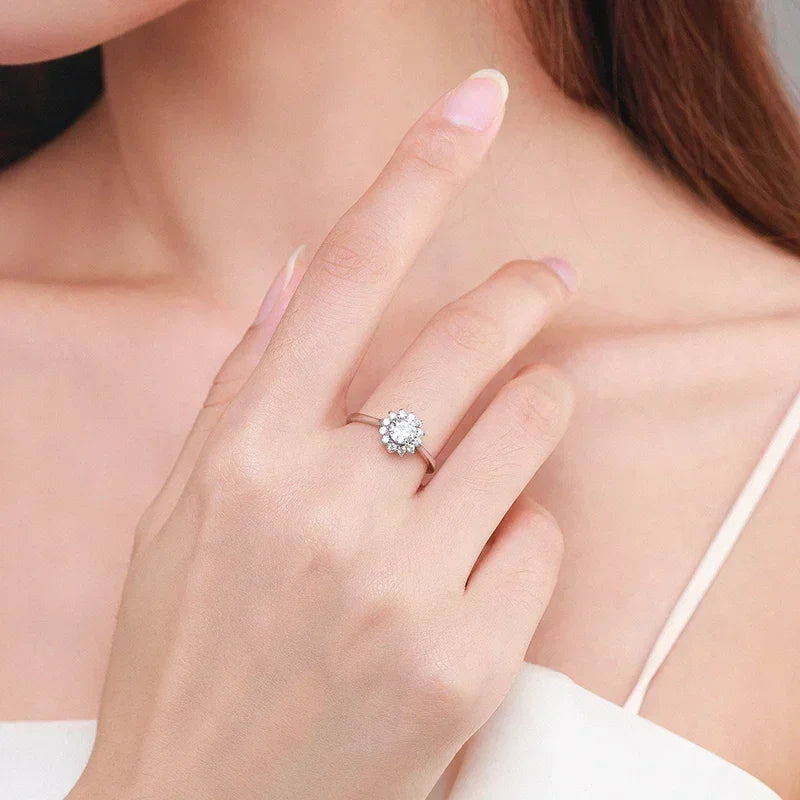 Woman wearing elegant silver floral cluster ring on finger, close-up, bridal jewelry