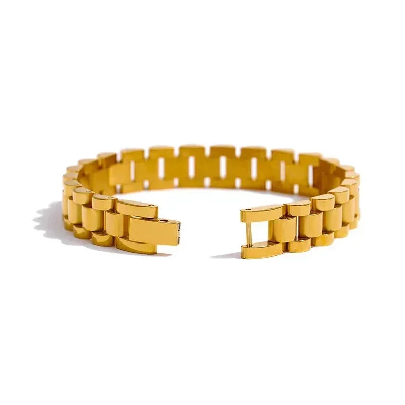 Wide 18K gold-plated link cuff bracelet with a modern, open-ended design on white background.