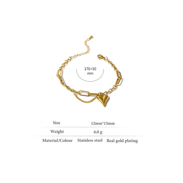 Gold-plated stainless steel bracelet with heart pendant, 170+50mm length, jewelry product photo