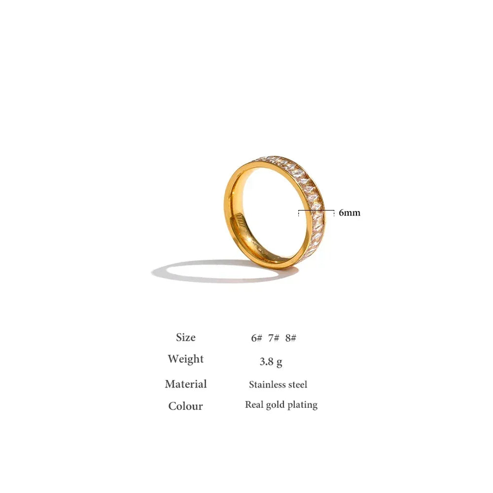 Gold-plated stainless steel ring with clear stones, 6mm wide, elegant women's jewelry