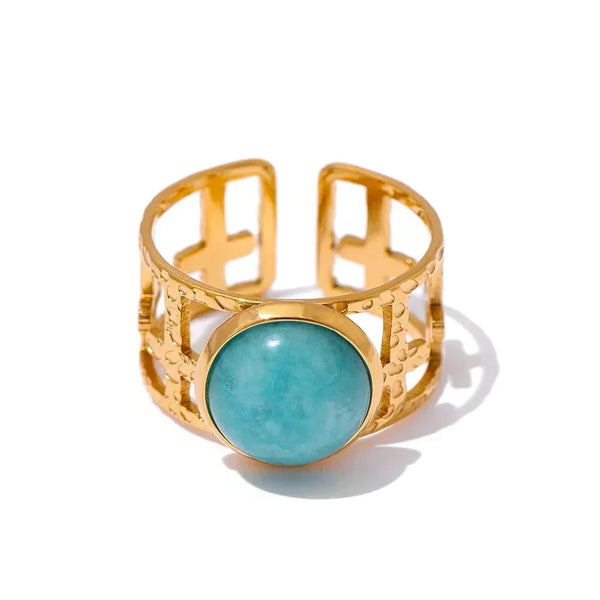 Gold ring with a turquoise stone on a white background