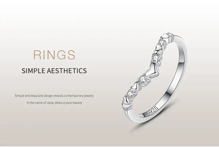 925 silver ring with heart and round stone accents, minimalist women's jewelry