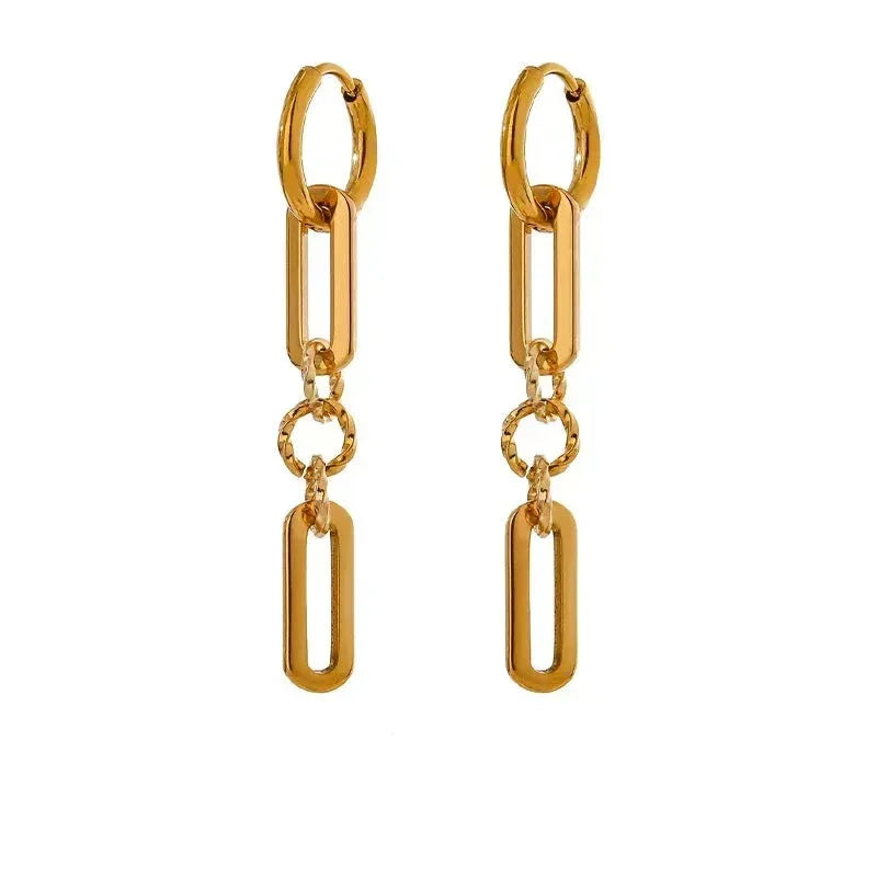 Gold-plated dangle earrings with rectangular chain links on white background