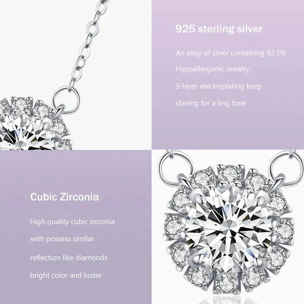 Silver necklace with a diamond pendant on a light gray background.