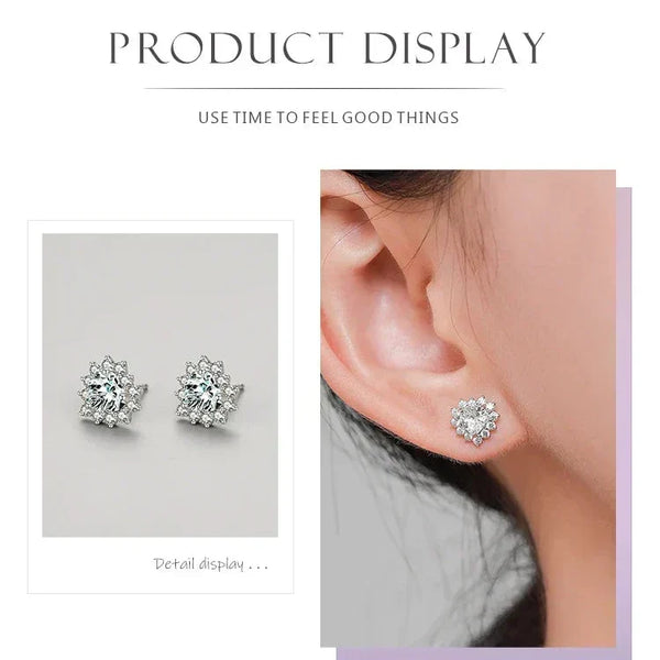 Silver earrings displayed on a gray background with a close-up of an ear wearing one of the earrings.