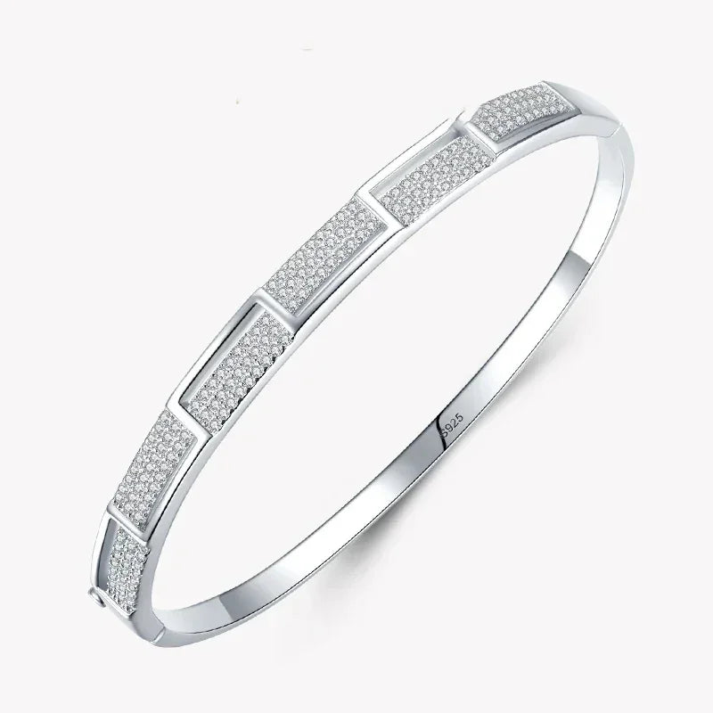 925 silver bangle bracelet with geometric crystal accents on a white background