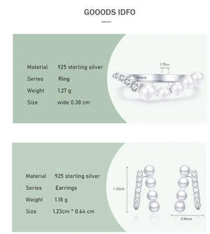 925 sterling silver pearl ring and earrings set with crystals, elegant women's jewelry