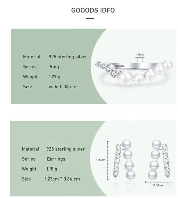 925 sterling silver pearl ring and earrings set with crystals, elegant women's jewelry
