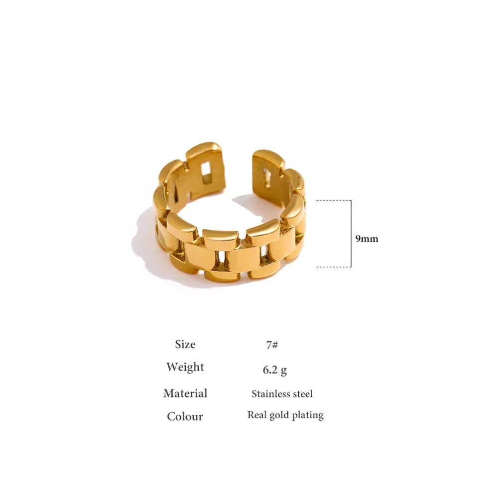Gold-plated stainless steel open band ring with chain link design, 9mm wide, size 7.