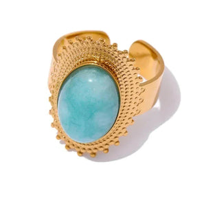 Gold ring with a turquoise stone on a white background