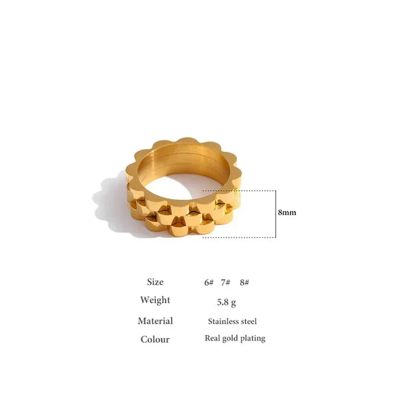 Gold-plated stainless steel ring with scalloped edge, 8mm wide, on white background.