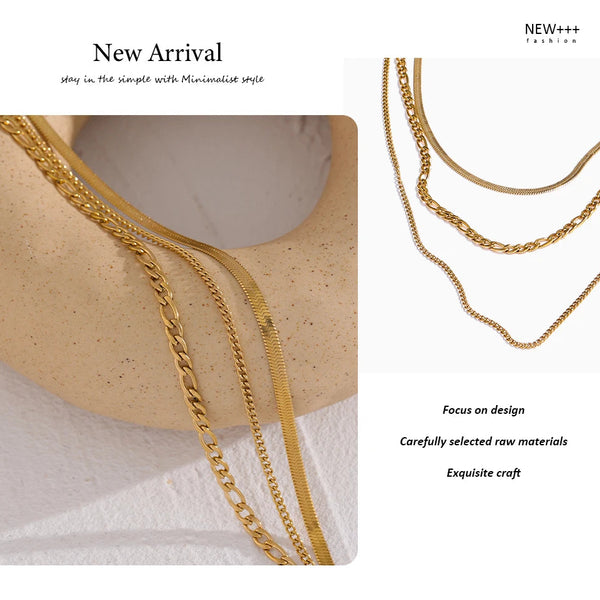 Gold chain necklaces on a textured surface with 'NEW++' branding.