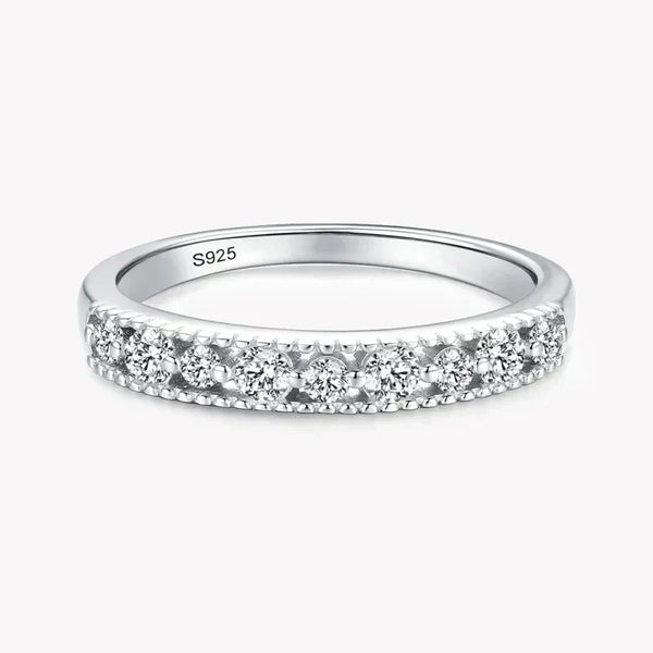 925 sterling silver ring with round-cut white stones in a row, elegant minimalist jewelry