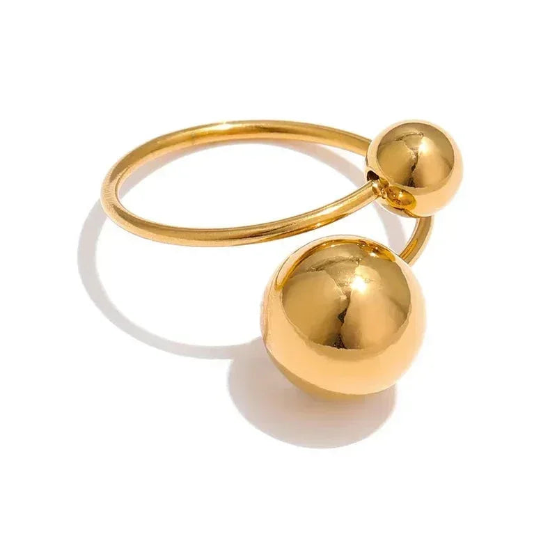 18K gold-plated ring with two polished sphere accents on white background