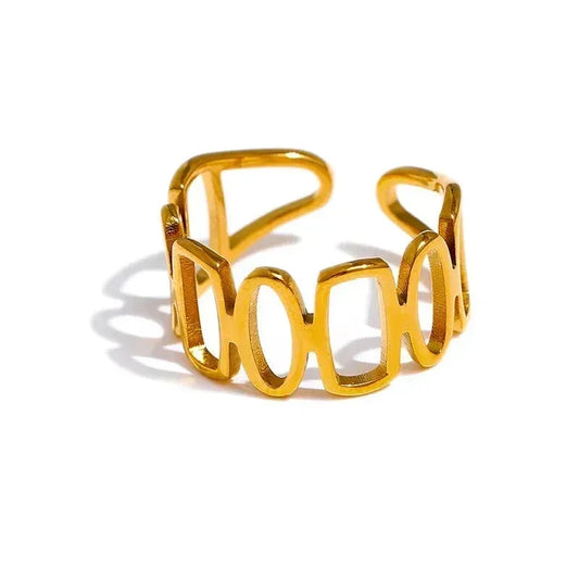 18K gold-plated open geometric ring with rectangular and oval cutout design on white background
