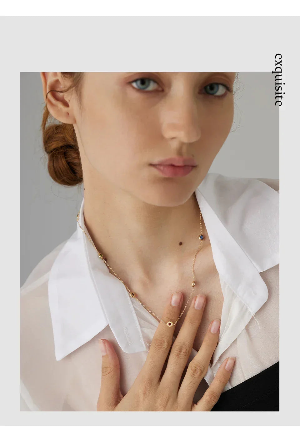 Woman wearing an elegant 18K gold-plated necklace with delicate bead accents