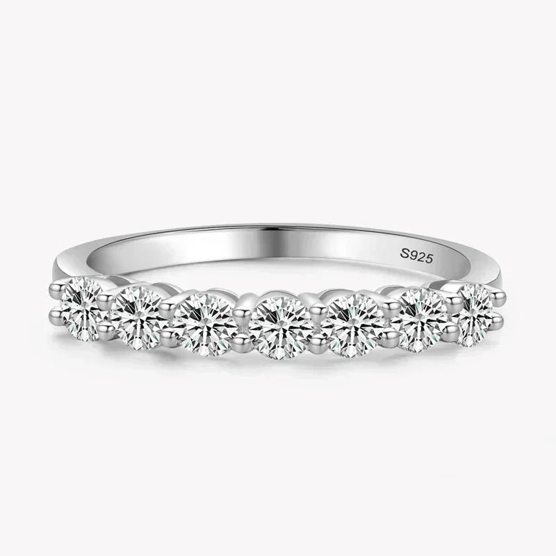 Sterling silver ring with seven round-cut clear stones in prong setting