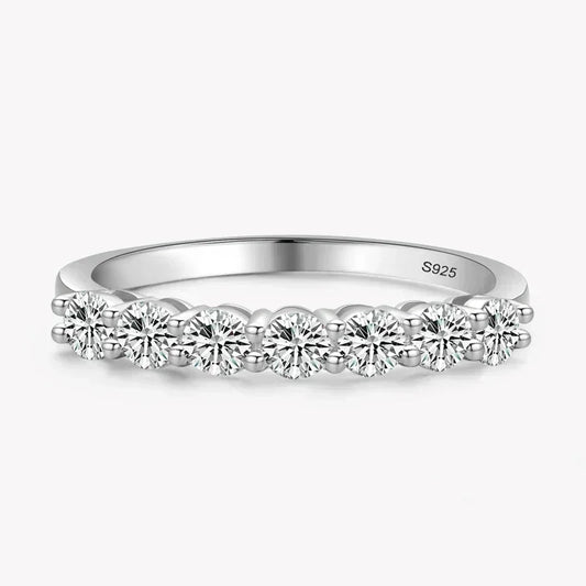 Sterling silver ring with seven round-cut clear stones in prong setting