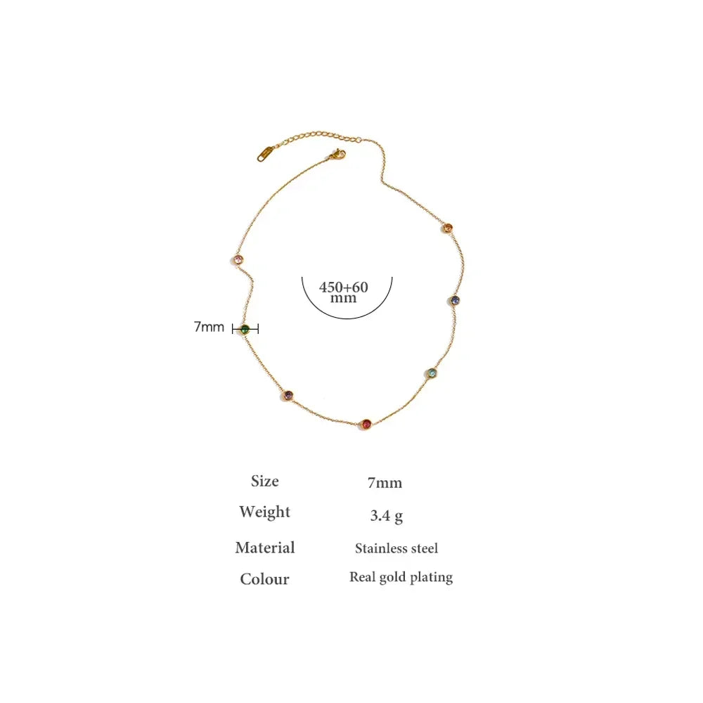 Gold-plated necklace with colorful gemstone accents, stainless steel, 450mm length, 7mm stones