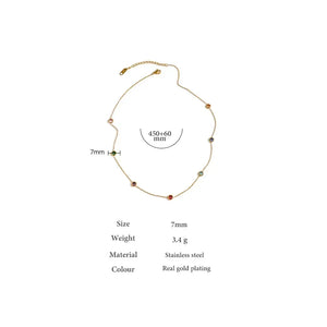 Gold-plated necklace with colorful gemstone accents, stainless steel, 450mm length, 7mm stones