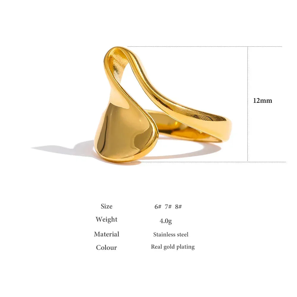 Abstract gold-plated stainless steel ring with 12mm width, modern sculptural design