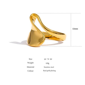 Abstract gold-plated stainless steel ring with 12mm width, modern sculptural design