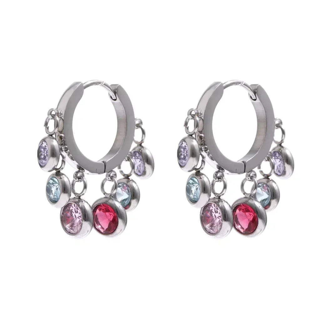 Silver hoop earrings with multicolor gemstone charms, 925 silver jewelry for women