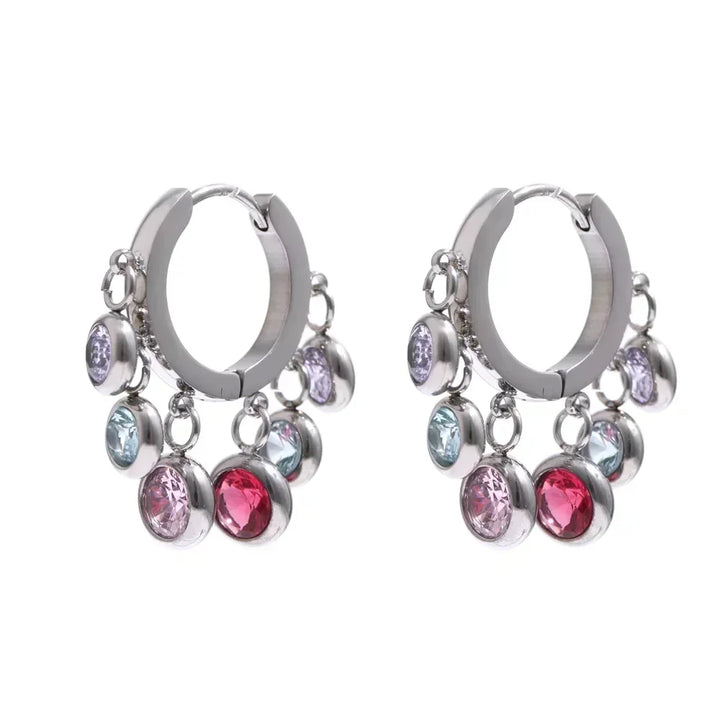 Silver hoop earrings with multicolor gemstone charms, 925 silver jewelry for women