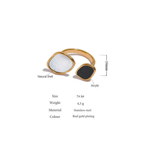 Gold-plated stainless steel ring with natural shell and black acrylic stones, 14mm design.