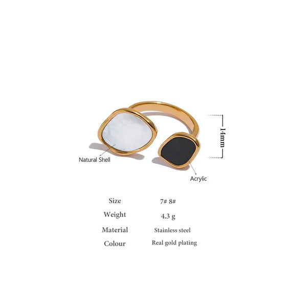 Gold-plated stainless steel ring with natural shell and black acrylic stones, 14mm design.
