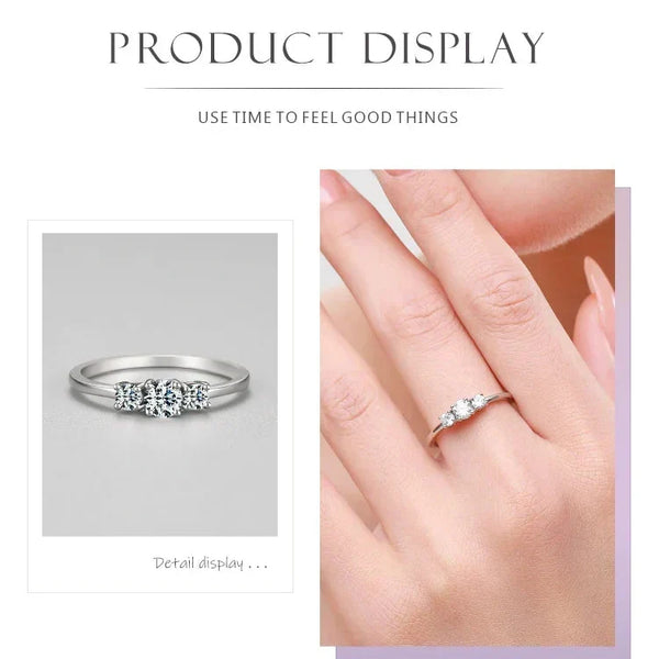 Silver ring with diamonds on a gray background and on a hand.