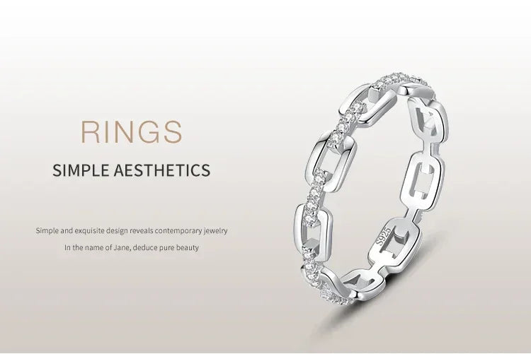 925 silver geometric chain ring with sparkling stones, minimalist modern design jewelry