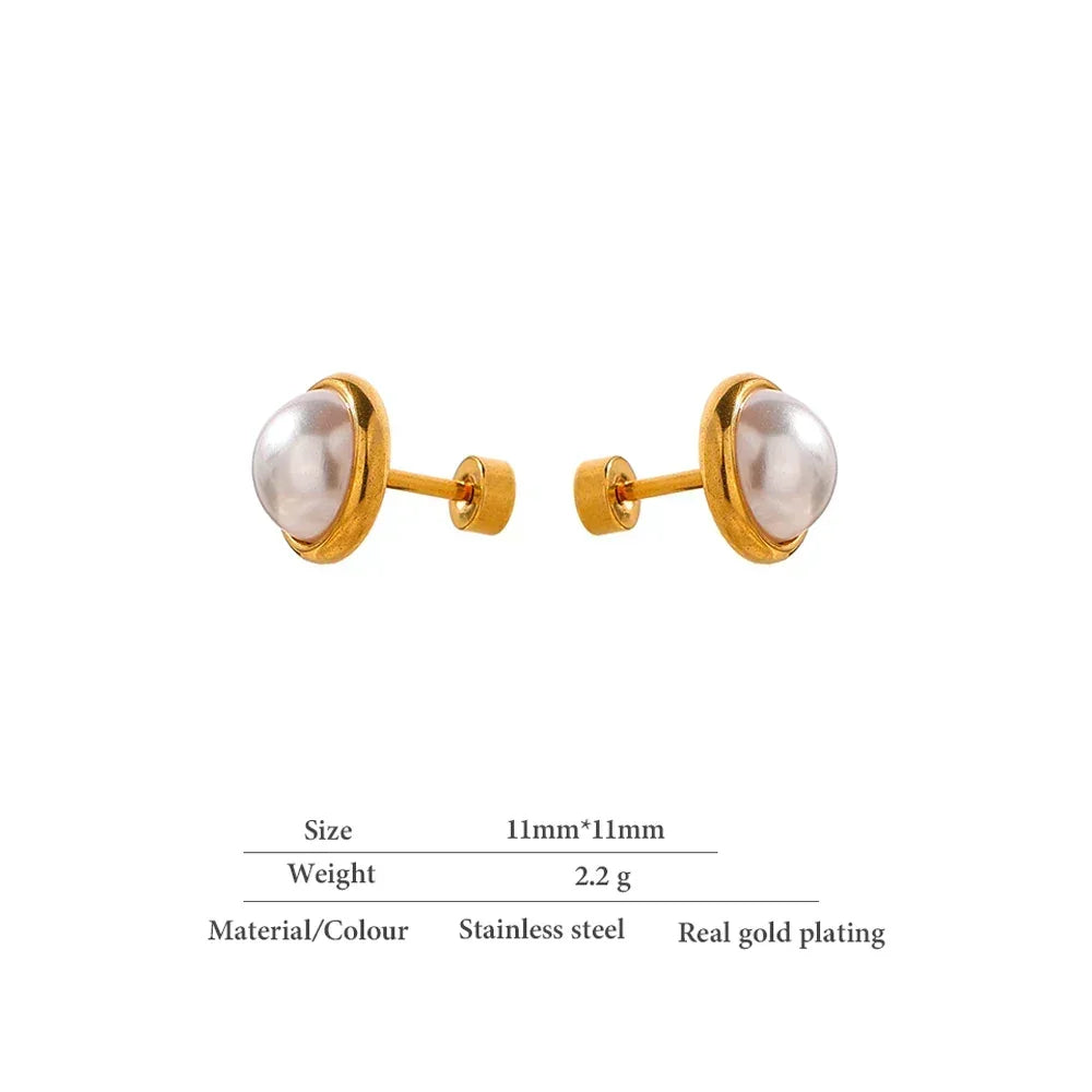 Gold-plated stainless steel stud earrings with round white pearl center, minimalist style