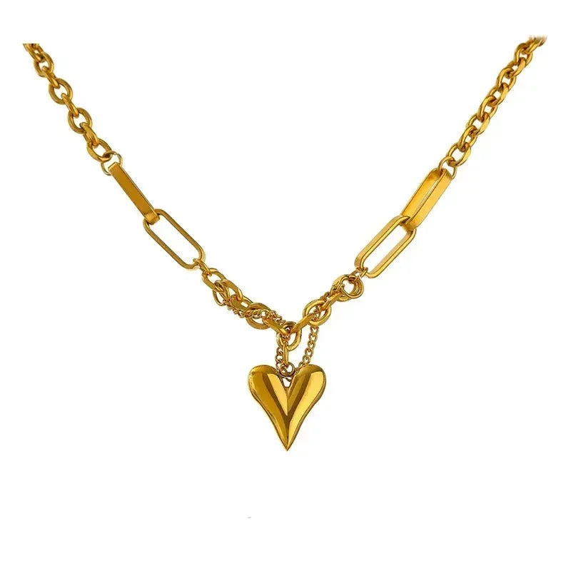 18K gold-plated chain necklace with a large sculpted heart pendant for women