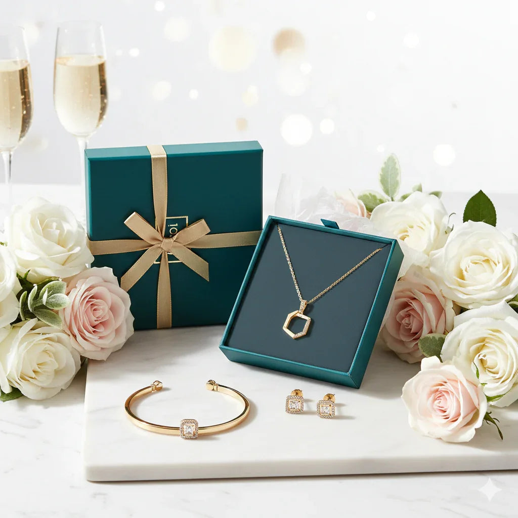 Jewelry set including necklace, bracelet, and earrings on a table with flowers and champagne glasses.