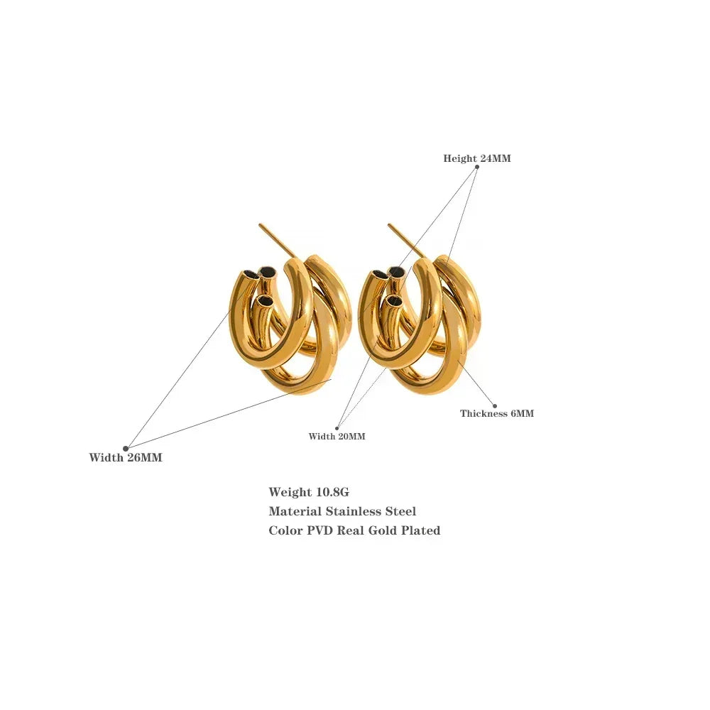 Gold-plated stainless steel hoop earrings, triple oval design, with size annotations.