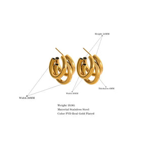 Gold-plated stainless steel hoop earrings, triple oval design, with size annotations.