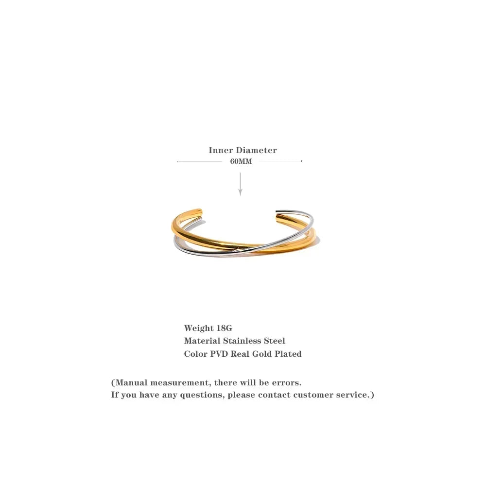 Gold and silver stainless steel open cuff bracelet, 60mm inner diameter, minimalist design