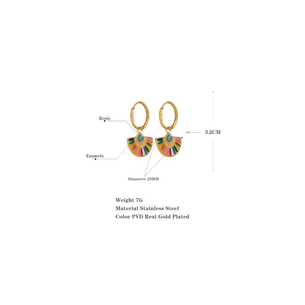 Gold-plated stainless steel hoop earrings with colorful enamel and resin fan-shaped pendants