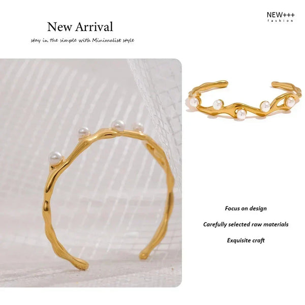Gold bracelet with pearls on a textured white background, labeled 'New Arrival' and 'NEW++ FASHION'.