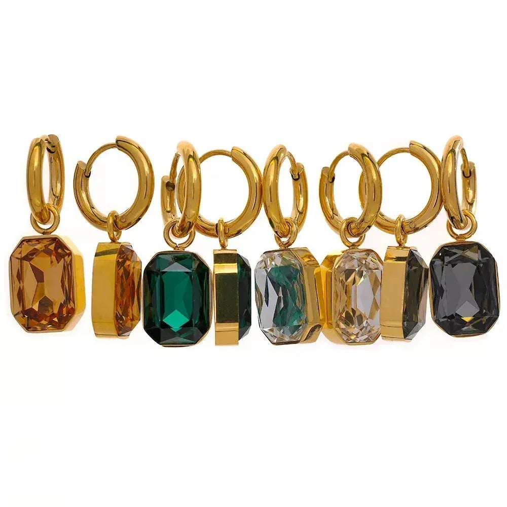 Gold-plated hoop earrings with colorful rectangular gemstone charms, elegant jewelry set