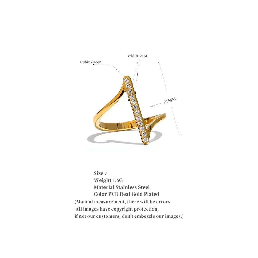 Gold-plated stainless steel ring with vertical bar and cubic zirconia accents, size 7