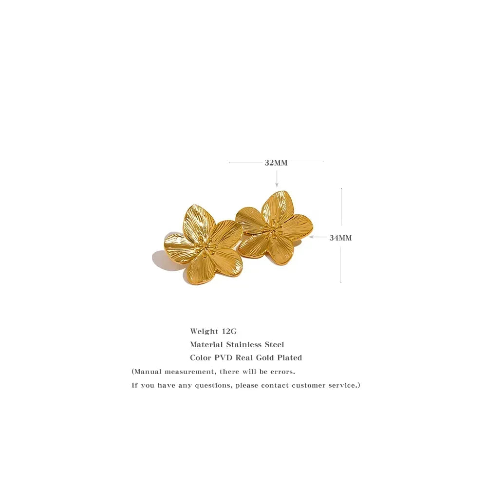 Gold-plated stainless steel floral earrings with leaf texture, 32mm by 34mm, on white background.