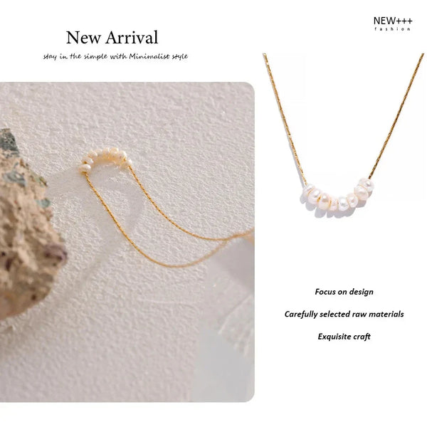 Gold necklace with pearls on a textured surface, labeled 'New Arrival' and 'NEW+++', with text about design and craftsmanship.