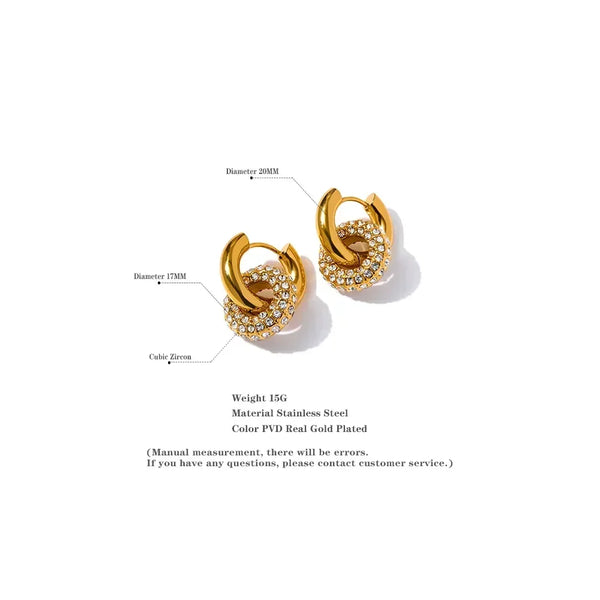 Gold-plated hoop earrings with cubic zirconia, 17mm & 20mm diameters, stainless steel, elegant everyday jewelry