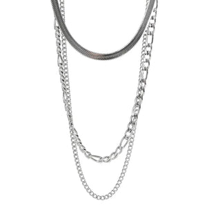 Layered 925 silver chain necklace for women with mixed link styles on white background