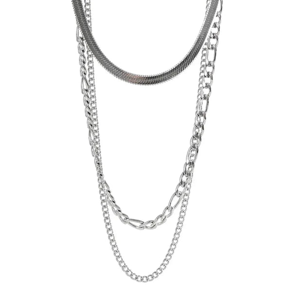 Layered 925 silver chain necklace for women with mixed link styles on white background