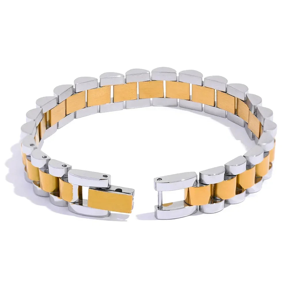 Men's two-tone bracelet with brushed gold and polished silver links, 18K gold-plated.